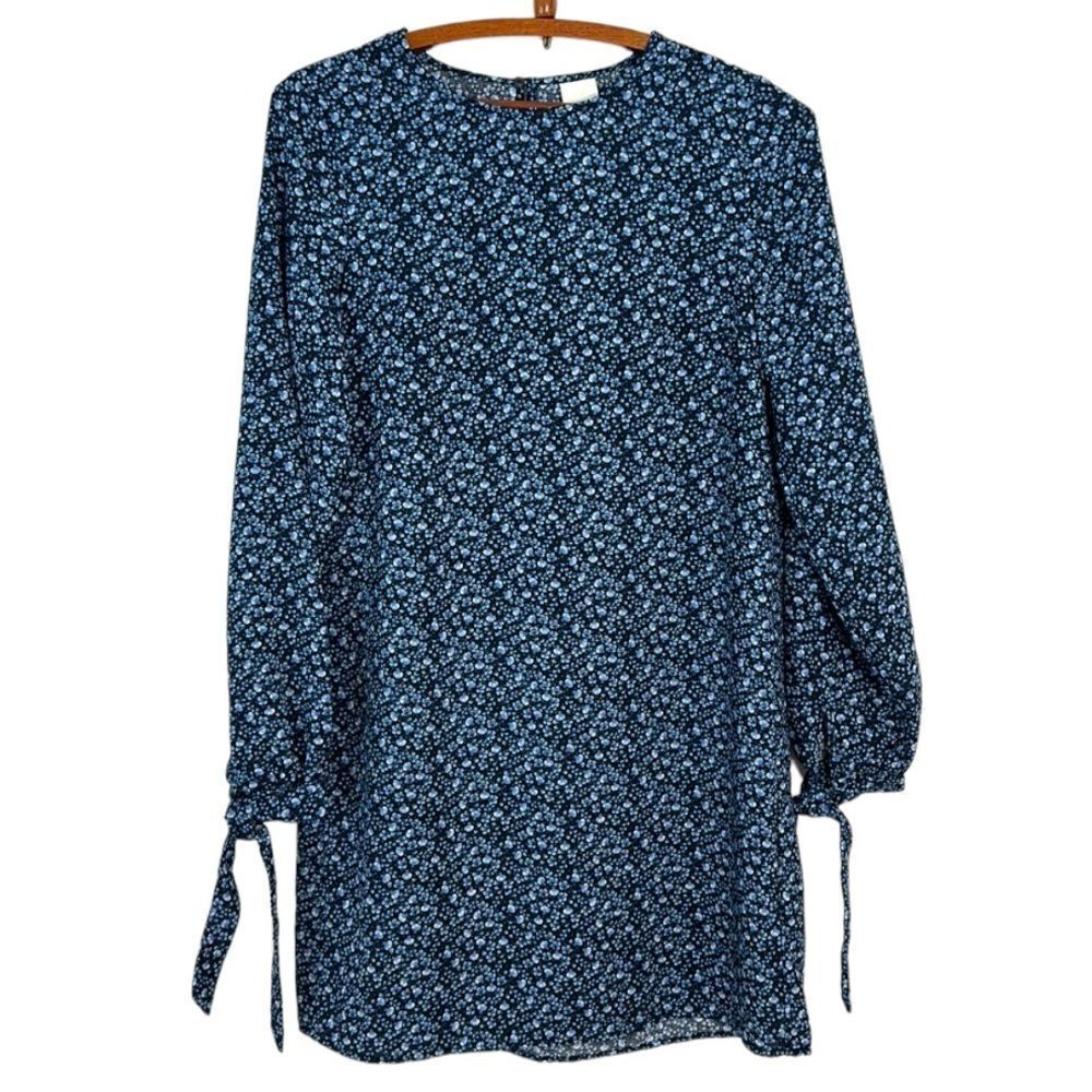 H&M Floral Tunic Shift Dress Long Tie Sleeves Blue Size 4